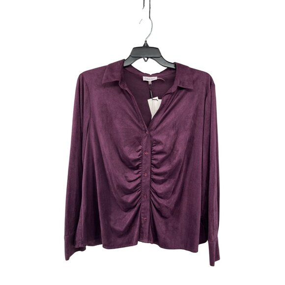 Calvin Klein Womens 1X Plum Aubergine Blouse Ruched Front Micro Suede New - Picture 1 of 16
